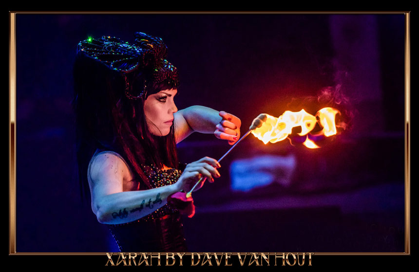 Burlesque firedancer Xarah von den Vielenregen performs Temptation at Parktheater Eindhoven photographed by Dave van Hout