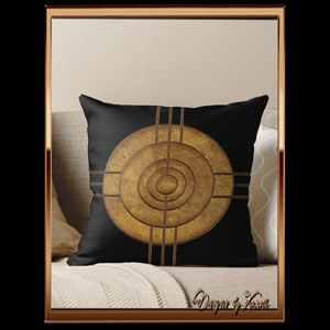 Elegant 1920s vintage inspired art deco design in antique gold on a black background. Clear geometric and symmetrical lines combined with circles - steampunk elegance in a square format. Beautiful throw pillow and many more gorgeous home interior designs