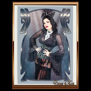 Snazzy Sassy Seductress - Burlesqueshowgirl Xarah in a glitzy sparkling costume in a blue shimmering metal art nouveau frame. The glamorous burlesque photography shows Xarah with a rhinestone corset and black stockings, wearing a big black bow and lots of silver jewellery. A mix of retro and modern sassy burly extravaganza. Available as different photographic art prints and much more.