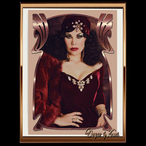 VVivid Velvet Vamp - intage burlesque showgirl Xarah von den Vielenregen in elegant red velvet dress in a shiny glitzy bronze-colored Art Nouveau frame. Available as different art prints and much more.