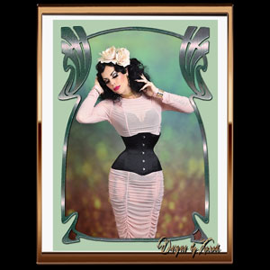 Pastel Peach Pinup - Pin-up Xarah von den Vielenregen in beautiful fresh pastel spring colors, wearing a sheer sassy blush dress and black tight corset. Dreamy peach hair flowers and vintage lingerie make this burlesque outfit complete.Pinupgirl luxury. This retro style portraiture is availabl as different art prints, posters, stickrs, magnets, home and interior decoration and apparel at the redbubble store!