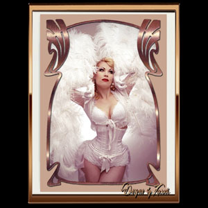 Alluring Airy Angel - Burlesqueshowgirl Xarah like an angel in her white burlesque costume in a bronze colored shimmering metal art nouveau frame. The glamorous burlesque photography shows Xarah with big white featherfans, corset and gloves. A mix of retro and modern sassy burly extravaganza. Available as different art prints and much more.
