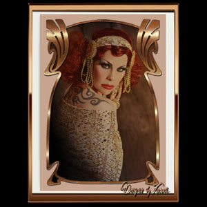 Graceful Glamor Goddess - Vintage burlesque showgirl Xarah in twenties costume in a golden shimmering #Jugendstil frame. The authentic vintageglamour of bygone times is reminiscent of the Great Gatsby style or Metropolis atmosphere. Red hair and an elegant golden 20s headdress give a final touch to that photograph in old hollywood look. Like a Ziegfeld Follies girl. Available as different art prints and much more.