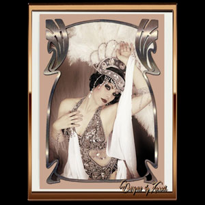  Sparkly Silver Starlet - vintage burlesquedancer Xarah von den Vielenregen in glamorous twenties silver white burlesquecostume in shimmering metal art nouveau frame. This elegant burlesque photography shows Xarah with her splendid sparkly Silverstarlet burlesquestyle costume and white feather headdress. A mix of retro and modern sassy burly extravaganza. Available as different art prints and much more.