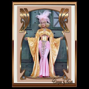 Silky Sophisticated Showgirl - Burlesquediva Xarah von den Vielenregen in glamorous gold and soft pink kimono burlesquecostume in golden colored shimmering metal art nouveau frame. This elegant burlesque photography shows Xarah with a splendid curvy burlesquestyle dress, corset and feather headdress. A mix of retro and modern sassy burly extravaganza. Available as different art prints and much more.