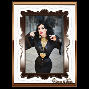 GGloomy Glamour Ghoul - othic diva Xarah von den Vielenregen - the dark queen of seduction wars a sultry kimono vampire dress and tight laced What Katie Did corset. Lots of bling and golden jewelry give a decadent touch to this glamonatrix of darkness. Burlesque meets Goth glamour at its best. Available as sticker, magnet, art print,poster, potcard, accessories, apparel and decoration items. Have a look at redbubble!