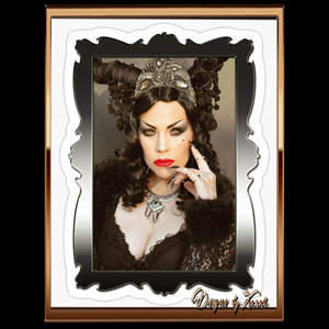 GDemonic Devil Diva - othic portrait photography of gothicgirl Xarah von den Vielenregen in dark Goth style and sexy gothicoutfit with horned headdress in black, super long stiletto nails and red lips. Available as removable kiss-cut vinyl stickers and more.