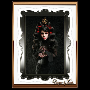 Voluptuous Vampire Venus - Dark vampire queen - gothic photography of gothicmodel Xarah von den Vielenregen as a goth vampire with a Dracula necklace, big black hairstyle and a golden crown.  Dark fantasy art in mysteriously red and black. Available as removable kiss-cut vinyl stickers and more
