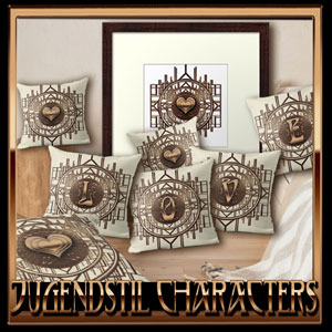 Jugendstil Characters -Vintage Belle Epoque inspired Home Decor & Accessories:
Shimmering golden abstract Art-Deco style pattern with Art Nouveau style characters. Capital lalphabet letters A to Z and numbers 0 to 9. 
Hearts, monograms and digits to personalize any room! 
Express your mood, write your name, use your initials, or decorate your home with a special personal date.
Beautiful gift ideas for: 
Valentines Day, Mothers Day, Birthday, Engagement, Marriage, Birth, Baby Shower, (Golden) Wedding Anniversary, Jubilee 
and any celebration. 
Pure 20s luxury elegance. 
Nostalgic vintage gifts in Art Nouveau design with nostalgic burlesque glamor throw pillows and more decorative Retro-Chic accessories. 