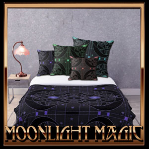Magic Moonlight throw pillows! 
Decorative #mysticart pillow cases in elegant magical #gothicstyle design in dark grey colours. Vintage inspired geometrically abstract lines combined with stars and black Art-Deco shapes. 
Ornamental gloomy midnight moonshine pattern with shimmering old pink, aqua turquoise, green or violet purple. 