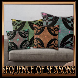 Beautiful antique colours, styles and pattern in the four seasons style: Spring, Summer, Autumn and Winter:
Abstract retro pattern in the geometric artdeco chic of the twenties. 
Pure 20s luxury elegance. Nostalgic vintage gifts with black Art Nouveau shapes and shimmering metallic burlesque glamor.
Beautiful Belle Epoque glamour home interior decor - colourful throw pillows and more decorative Jugendstil accessories. 
Spring: blue and pink purple
Summer: green and golden yellow
Autumn: warm earthy brown tones with bronze copper
Winter: grey blue and shimmering aqua turquoise 