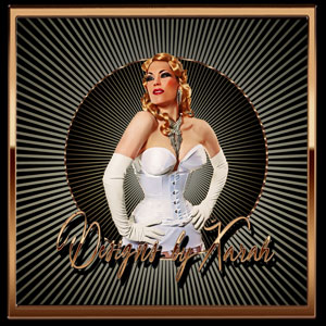 Xarah as a glamorous pinup bride with blond curly hair, in an angelic white fifties vintage outfit with a corset and leather gloves. The comic artwork has sun rays in the background.Bewitching Blonde Bride.