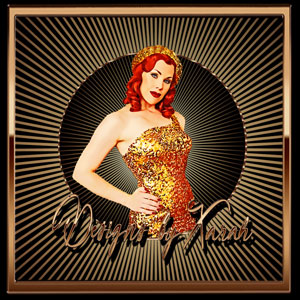 Pinup your Life! Sexy redhead Xarah as glamorous and elegant pinup comic artwork, in a sparkling golden evening dress and a sequined hat in front of a glittering glitter background. Burlesque pure glamor - Hollywood movie star decadence! Golden Glitter Girl.