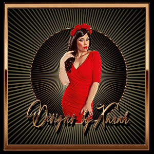 Burlesque dancer Xarah as a fifties pinup comic artwork, in a figure-hugging 50s retro romantic dress and red rose hair accessories. Romantic Burlesque Rock n Roll meets Hollywood Movie Star Glamor for Valentine's Day!